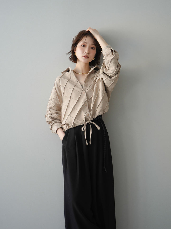 [SET]パイピングクロスデザインブラウス+編み込みベルト付タックワイドパンツ(2set)