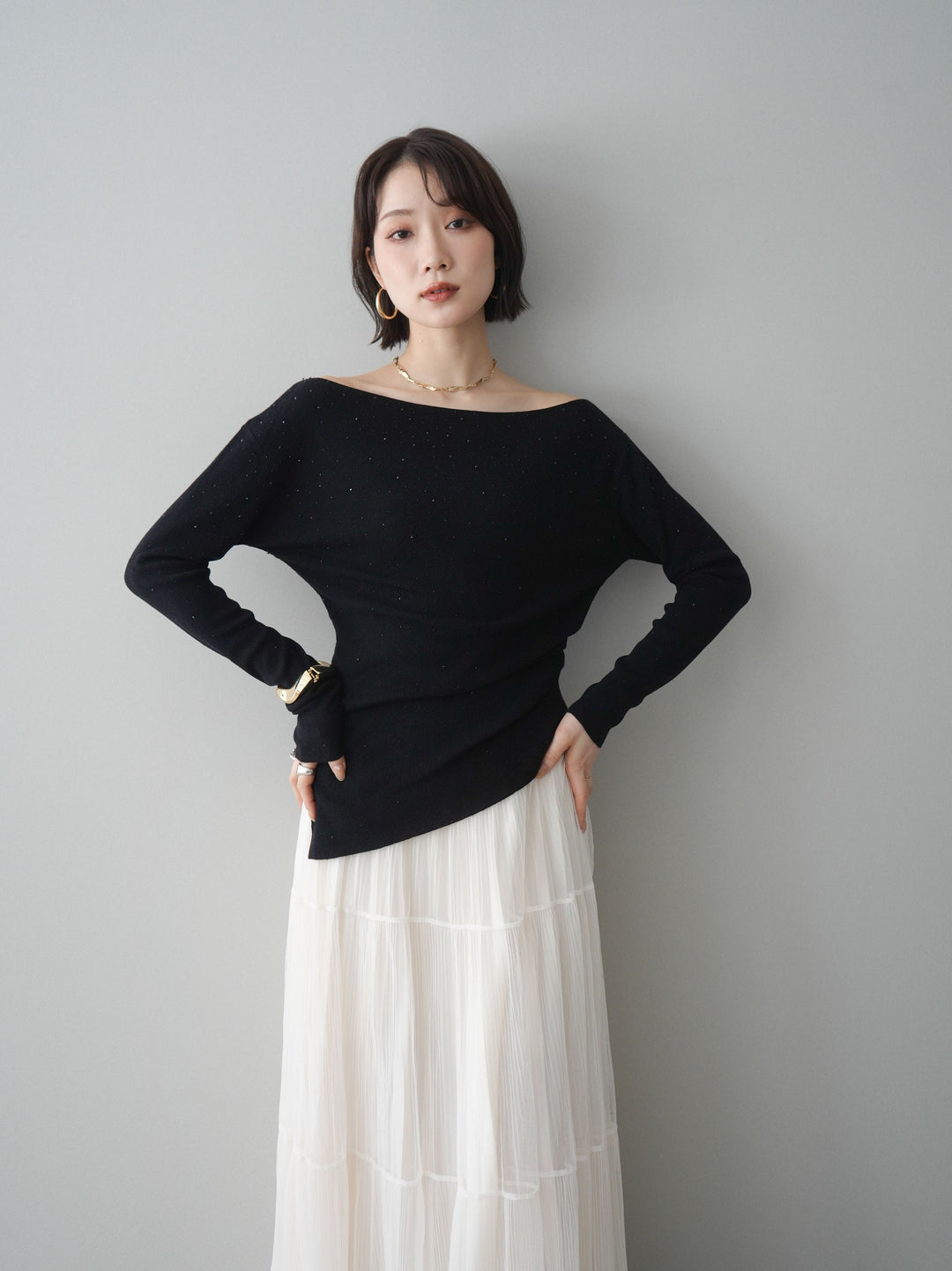 [予約]ラインストーンアシンメトリーニットトップス/black