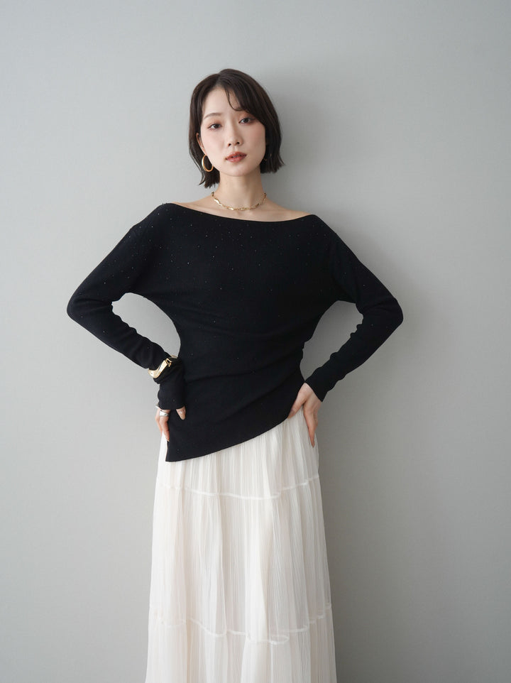 [予約]ラインストーンアシンメトリーニットトップス/black