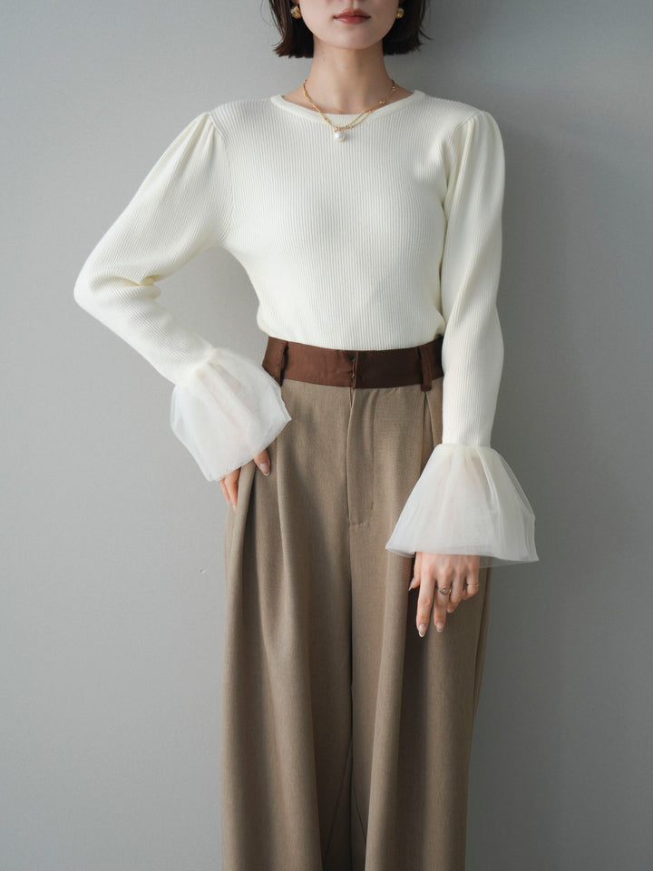 [SET]袖チュールパワショルリブニットトップス+サテンベルトタックワイドパンツ(2set)