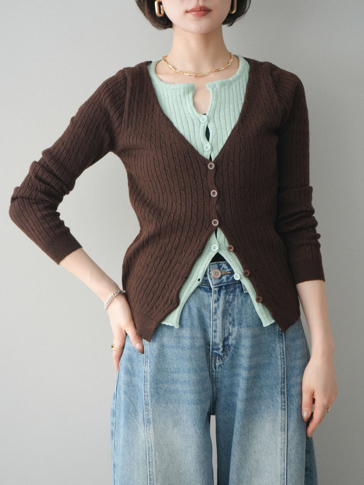 [予約]バイカラーレイヤードニットカーディガン/brown