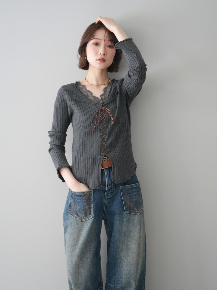 [予約]レースネックレースアップリブニットトップス/gray