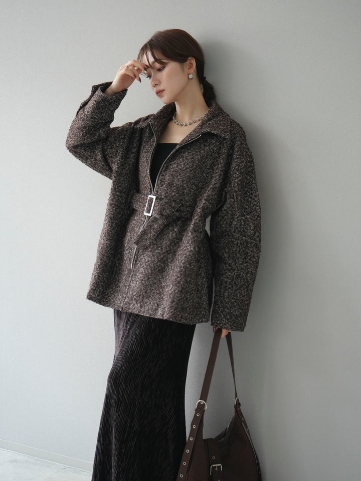 [予約]起毛ツイードベルトぺプラムジャケット/brown