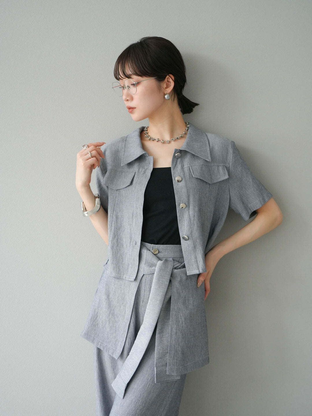 [SET]リネンタッチハーフシャツ＆ラップワイドパンツSET UP(2set)