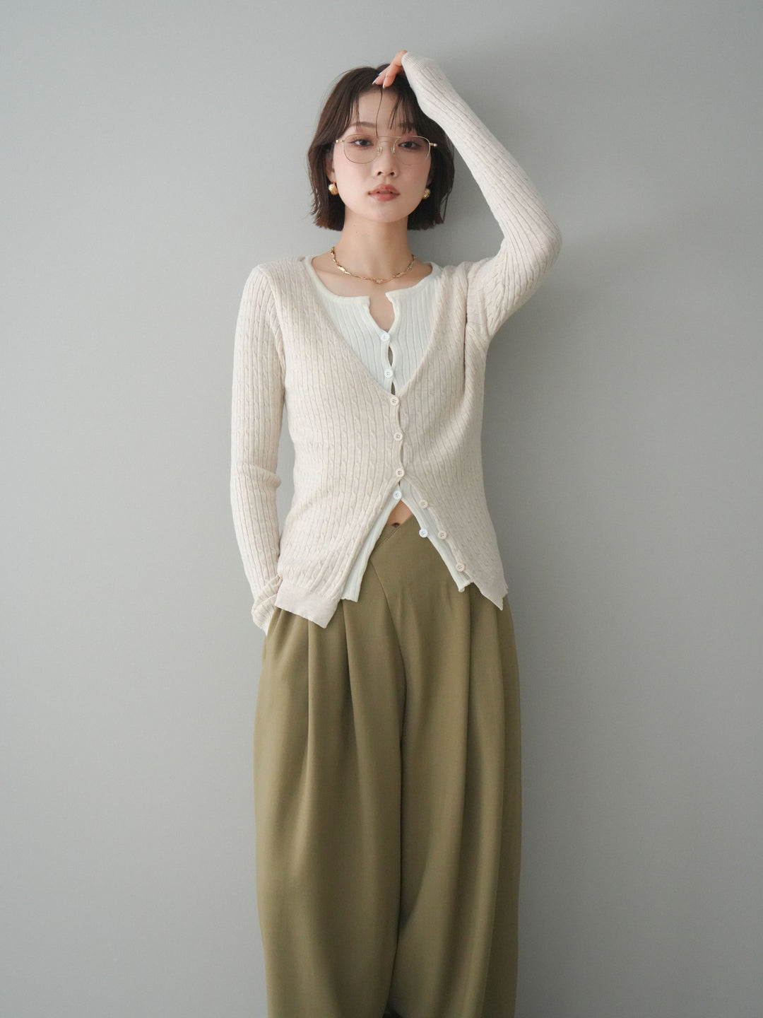 [予約]バイカラーレイヤードニットカーディガン/white