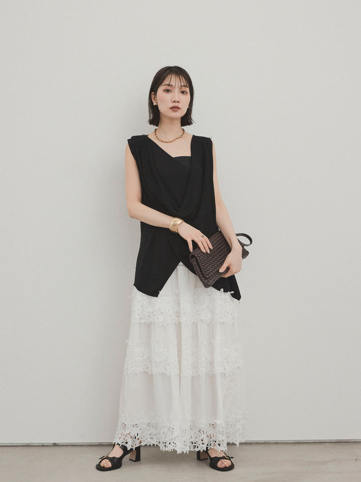 [SET]ドライタッチドレープニットプルオーバー+スカラップレースロングスカート(2set)