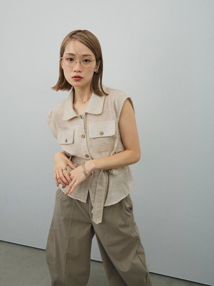 [SET]ミックスヤーンメッシュブラウス+コクーンワイドチノパンツ(2set)