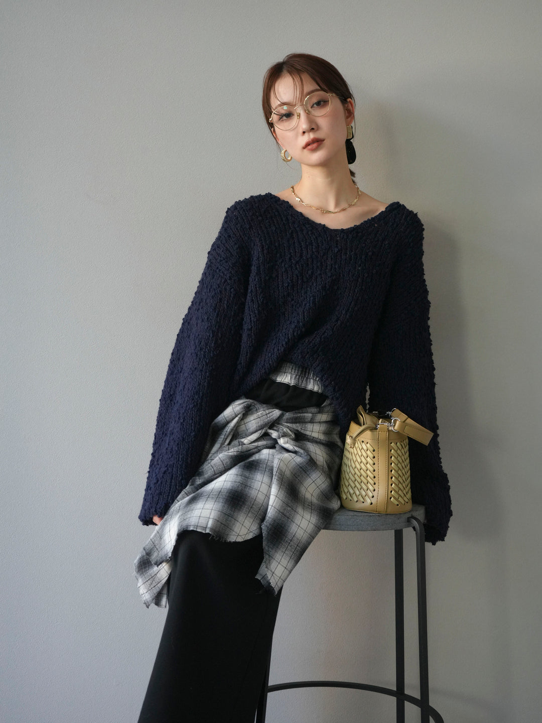 [予約]メランジポコポコニットプルオーバー/navy