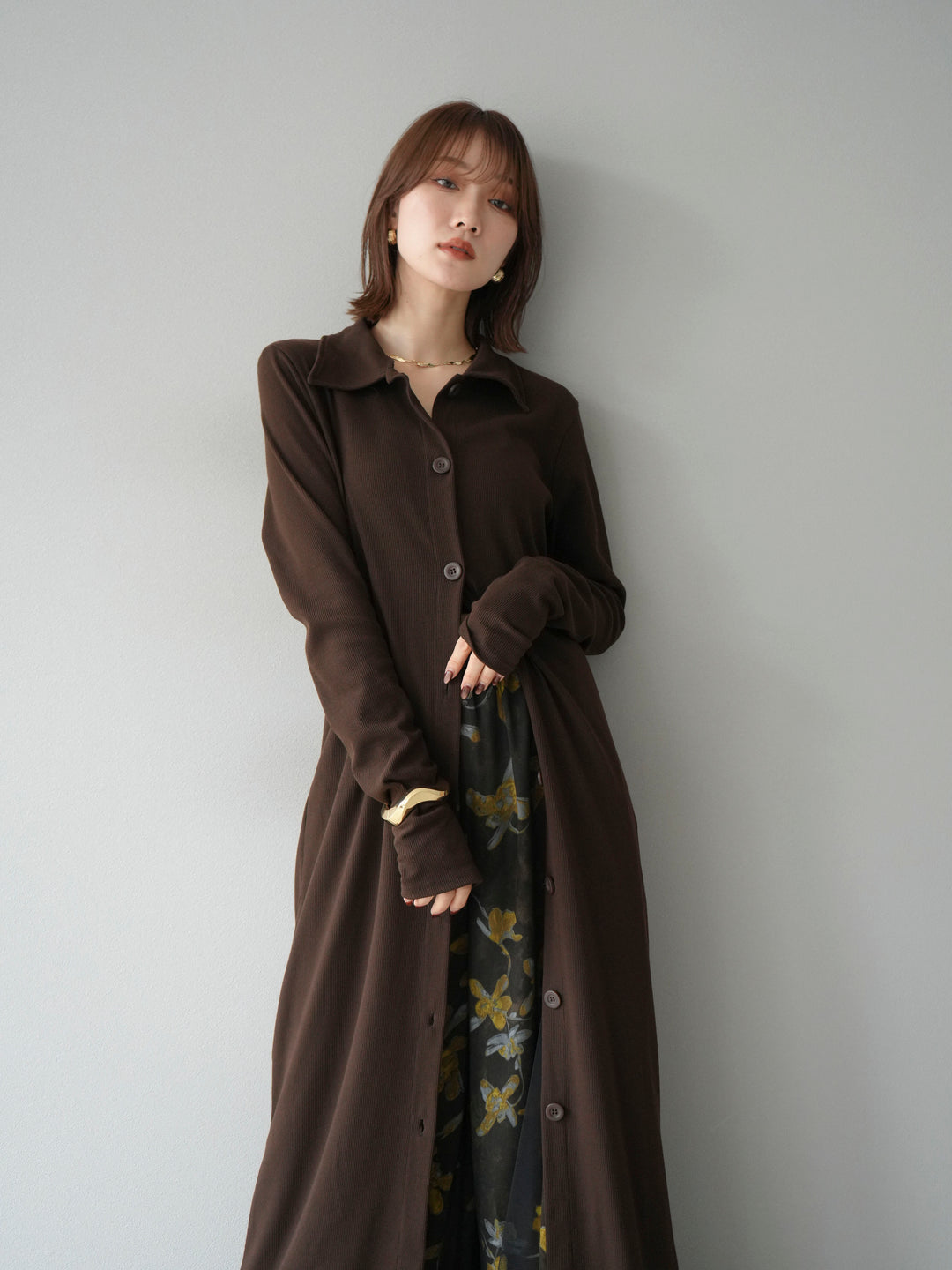 [SET]襟付きカットリブボタンワンピース+フラワープリントチュールレイヤードパンツ(2set)