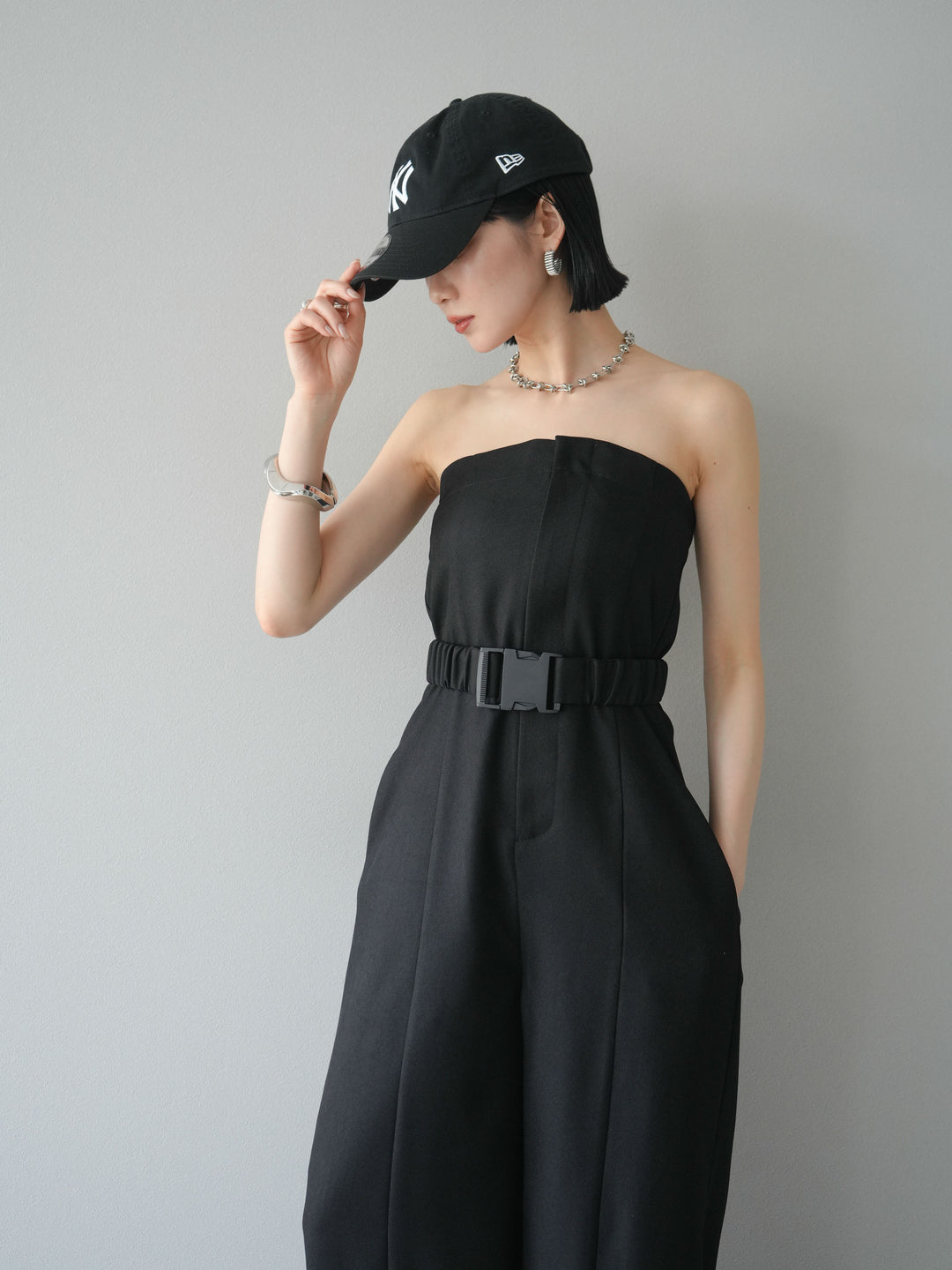 【預購】混色斜紋腰帶熊圖案工裝褲/黑色