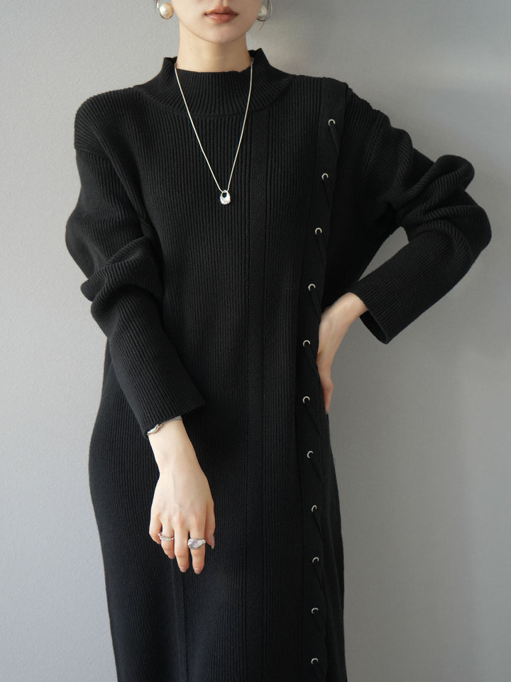 [SET] 不對稱繫帶高領針織連身裙 + 可選飾品套裝 (2套)