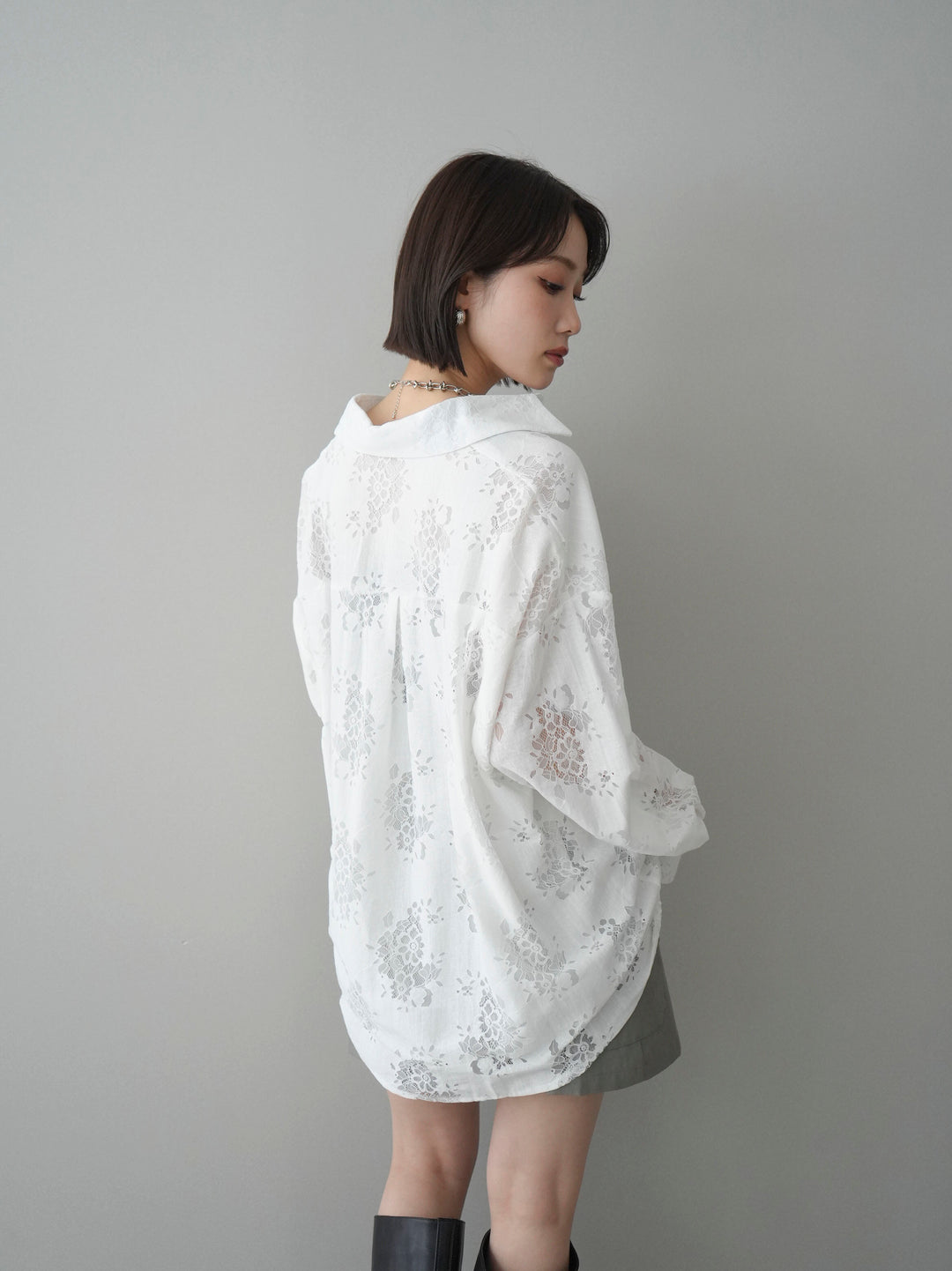 【套裝】提花蕾絲罩衫+繫帶工裝迷你裙（兩件套）