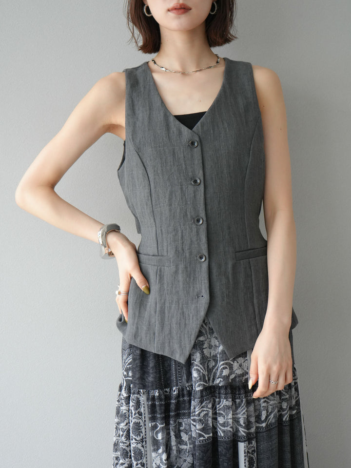 [SET]リネンタッチバックオープンベスト＆ニュアンス柄マキシスカートSET UP(2set)