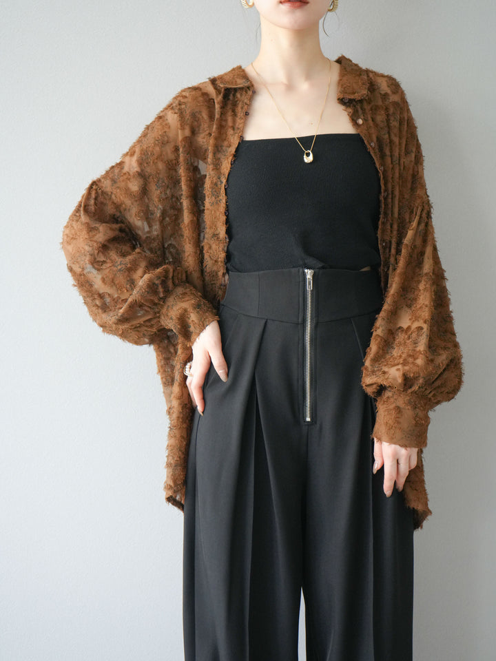 [予約]ニュアンスフリンジジャガードボリュームスリーブブラウス/ブラウン