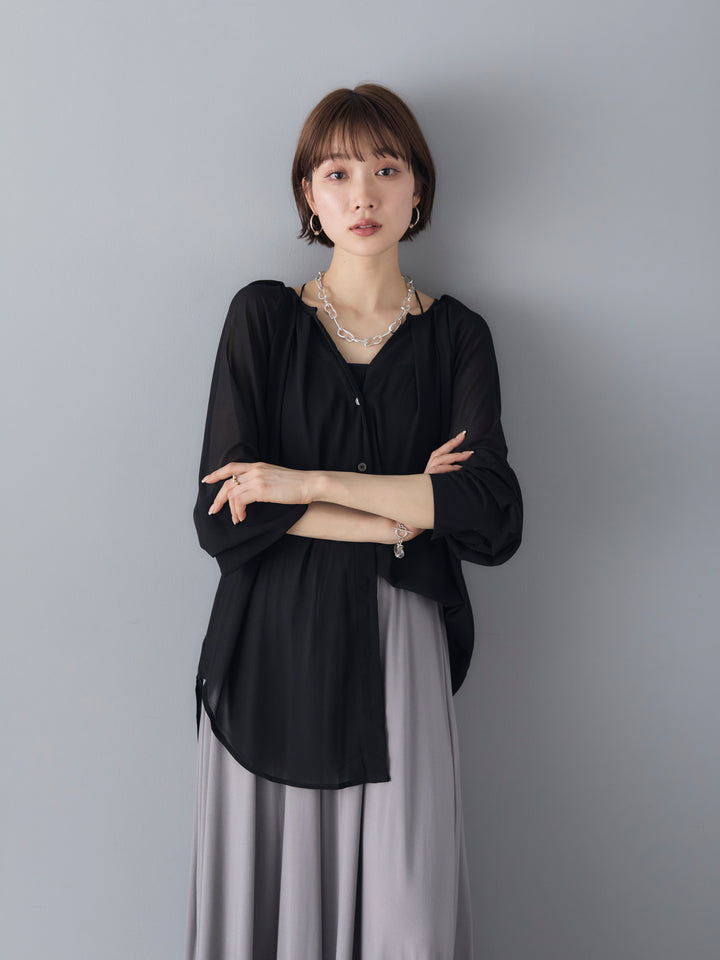 [Pre-order] Sheer No-Collar 2-Way LS Blouse/Black