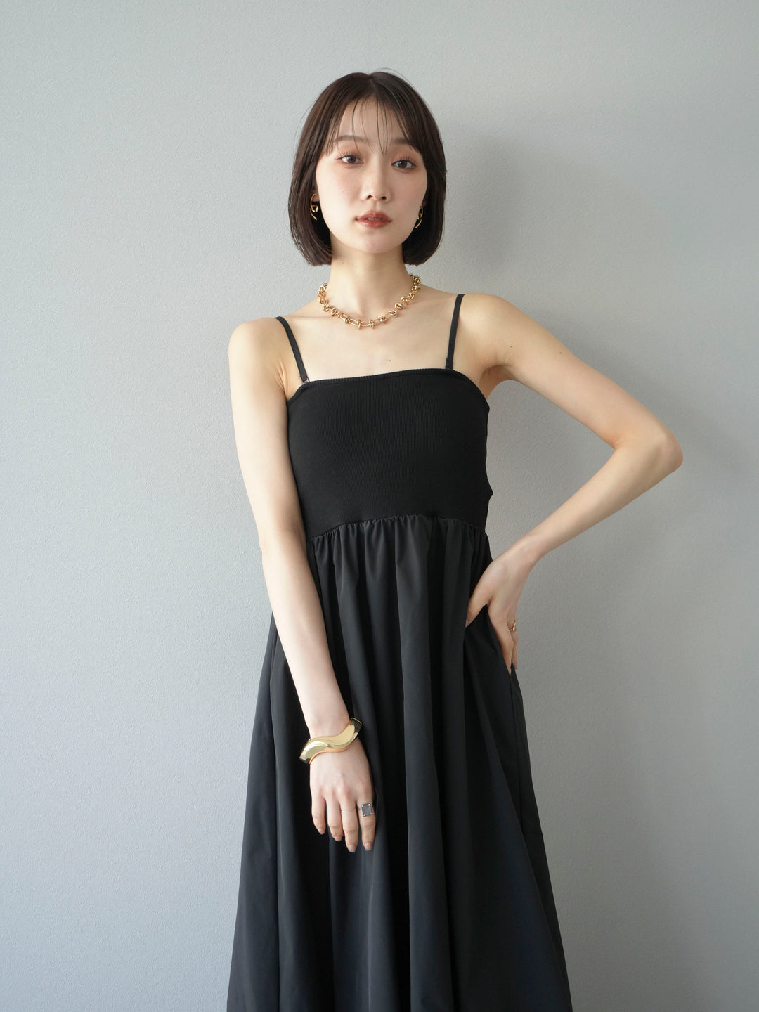 [予約]異素材ドッキングカップ付ベアキャミバルーンワンピース/ブラックブラック