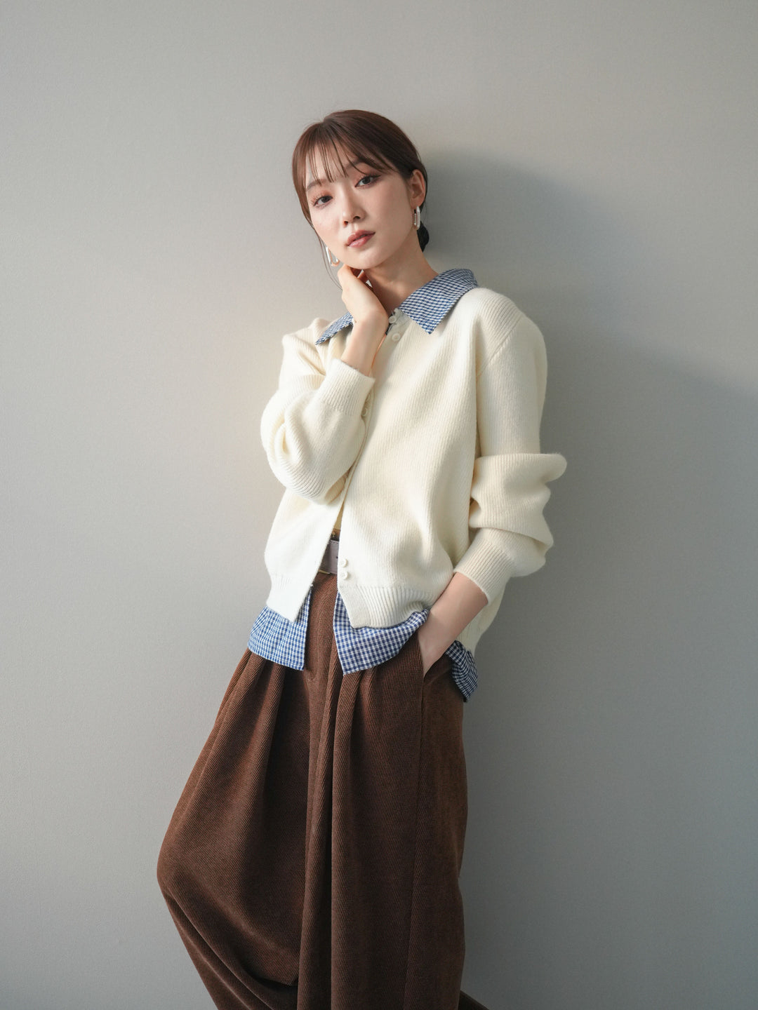 [予約]チェックシャツ襟ニットカーディガン/beige