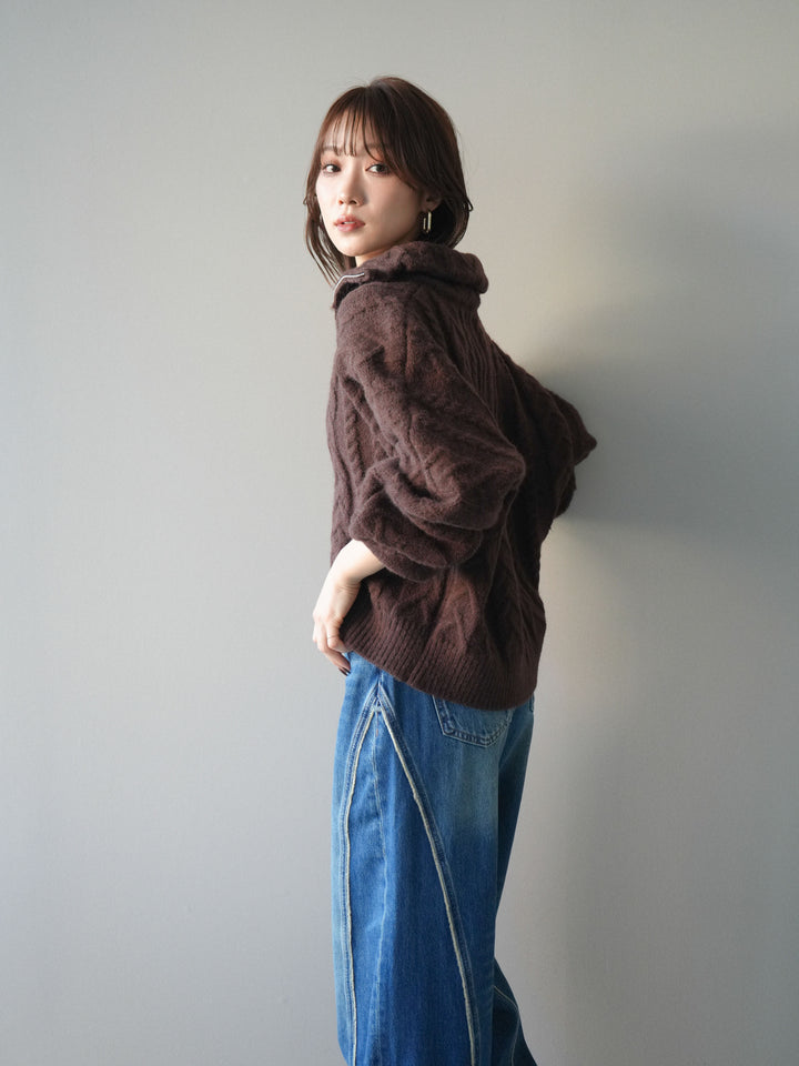 [予約]ケーブル編みハイネックZIPニットカーディガン/brown