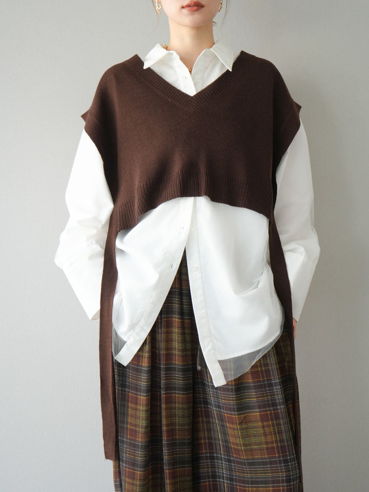 [予約]サイドリボンVネックショートニットベスト/ブラウン