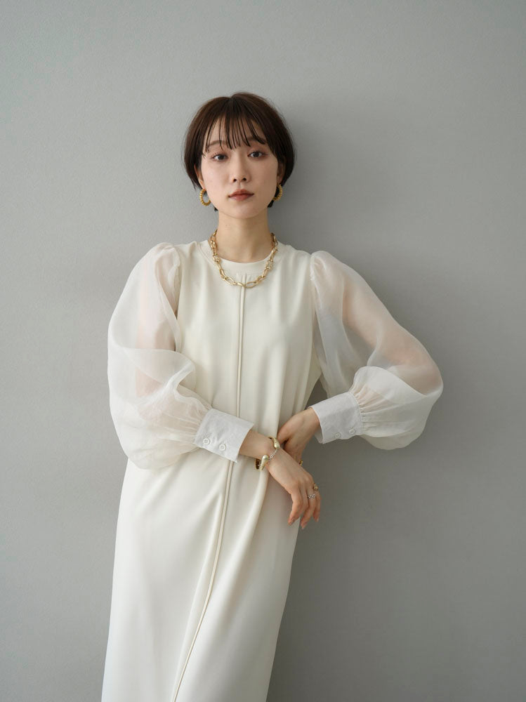 [Pre-order] Cut Georgette Tulle Sleeve Dress/Ivory