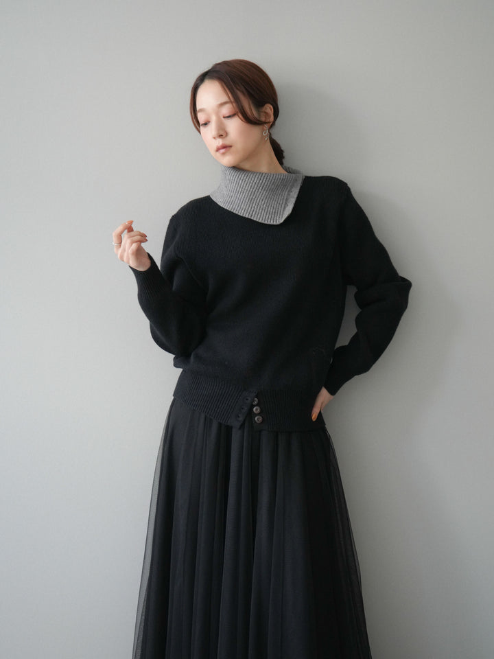 [予約]デザインネックバイカラーニットプルオーバー/black