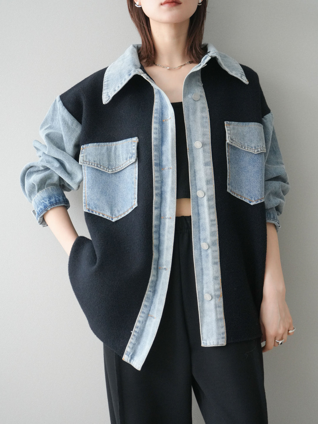 [予約]デニム襟ダブルフェイスニットカーディガン/black