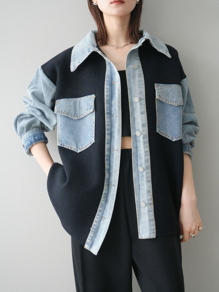 [予約]デニム襟ダブルフェイスニットカーディガン/black