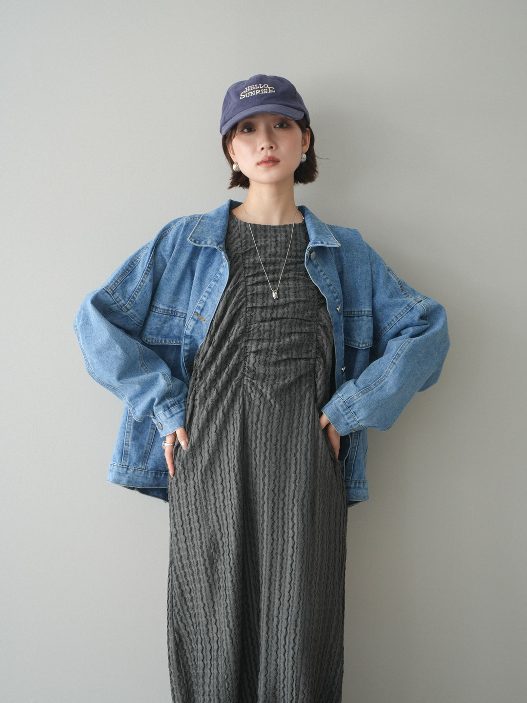 [予約]シャーリングジャガードノースリーブワンピース/gray