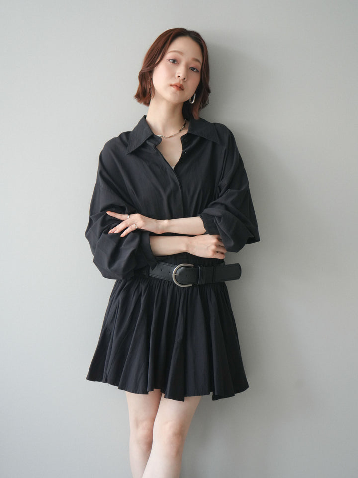 [予約]ベルト付フレアシャツミニワンピース/black