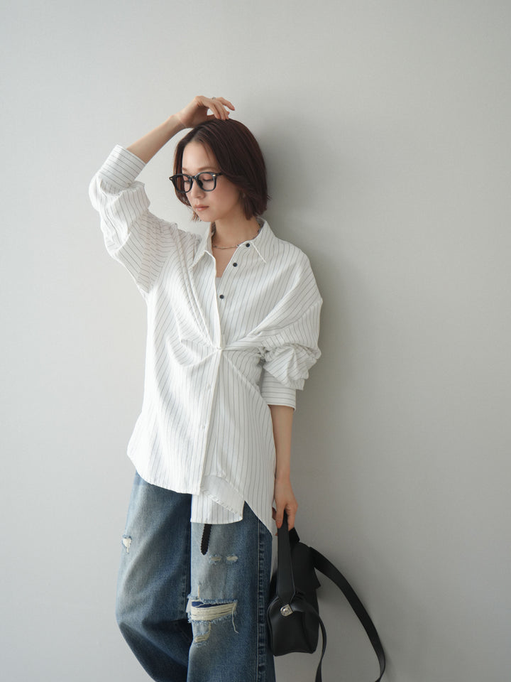 【套裝】雙向裹身條紋襯衫+破洞牛仔半闊腿褲（兩件套）