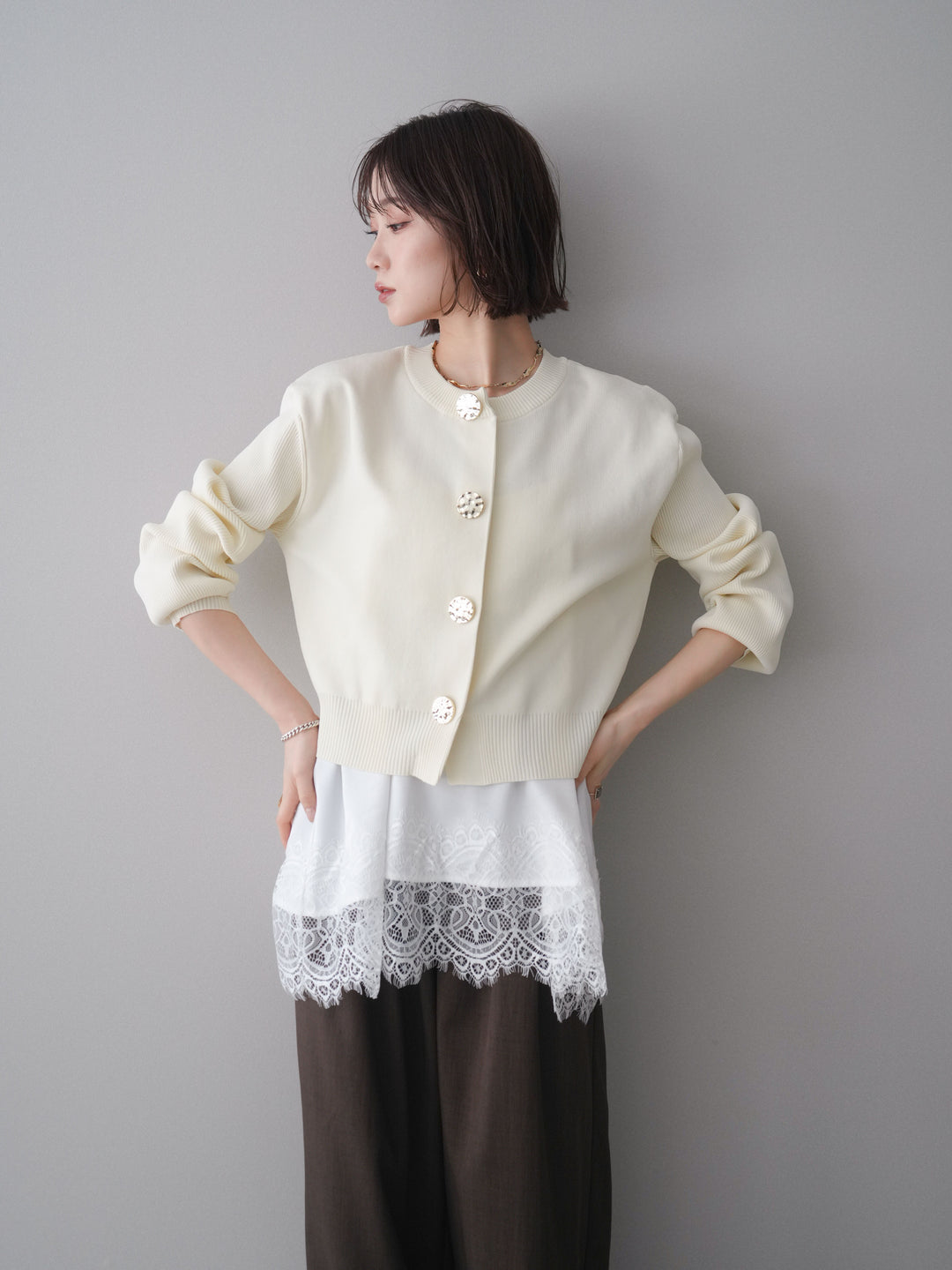 [SET]メタルボタンクルーネックニットカーディガン+選べるアクセセット(2set)