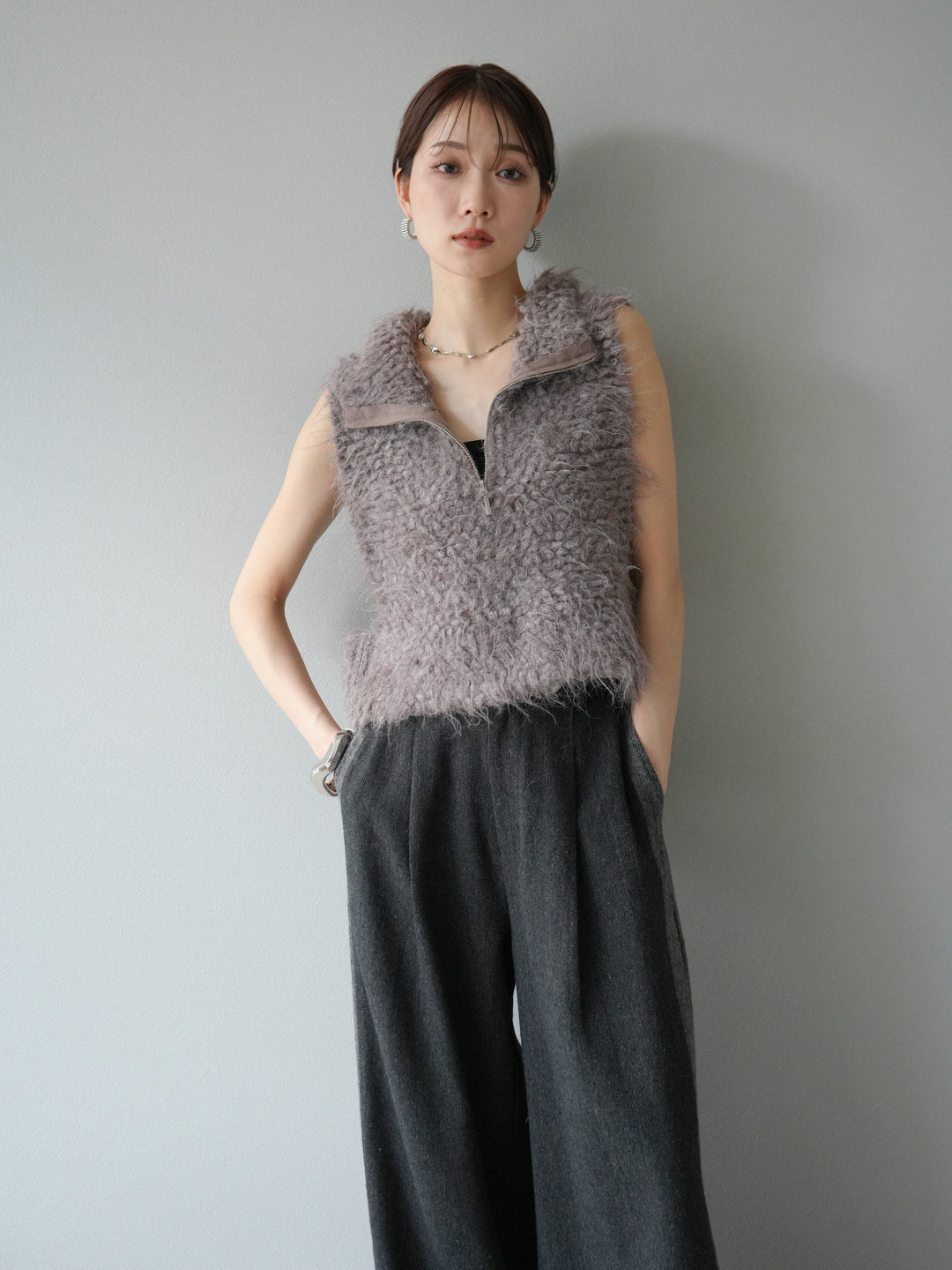 [予約]メランジブークレハーフジップニットベスト/モカ