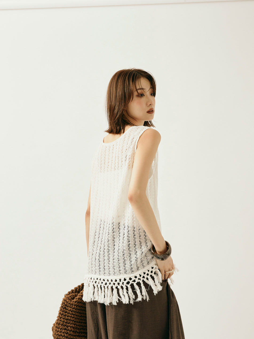 [予約]フリンジ透かし編みニットベスト/ホワイト