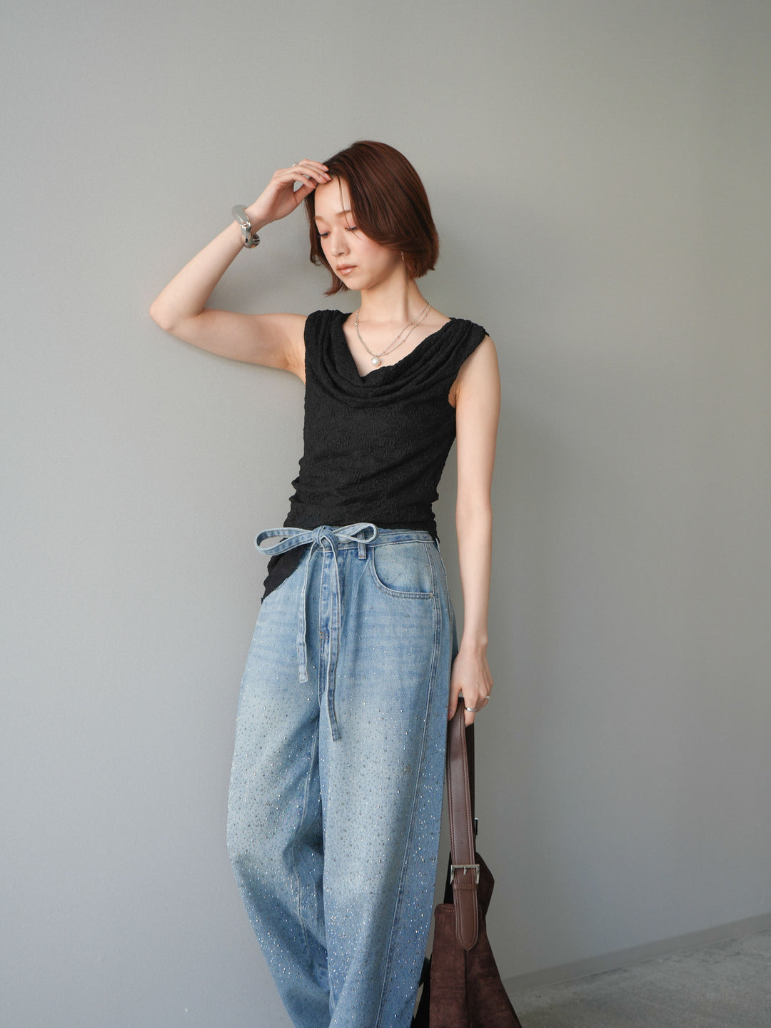 [予約]レースドレープネックアシメトップス/black