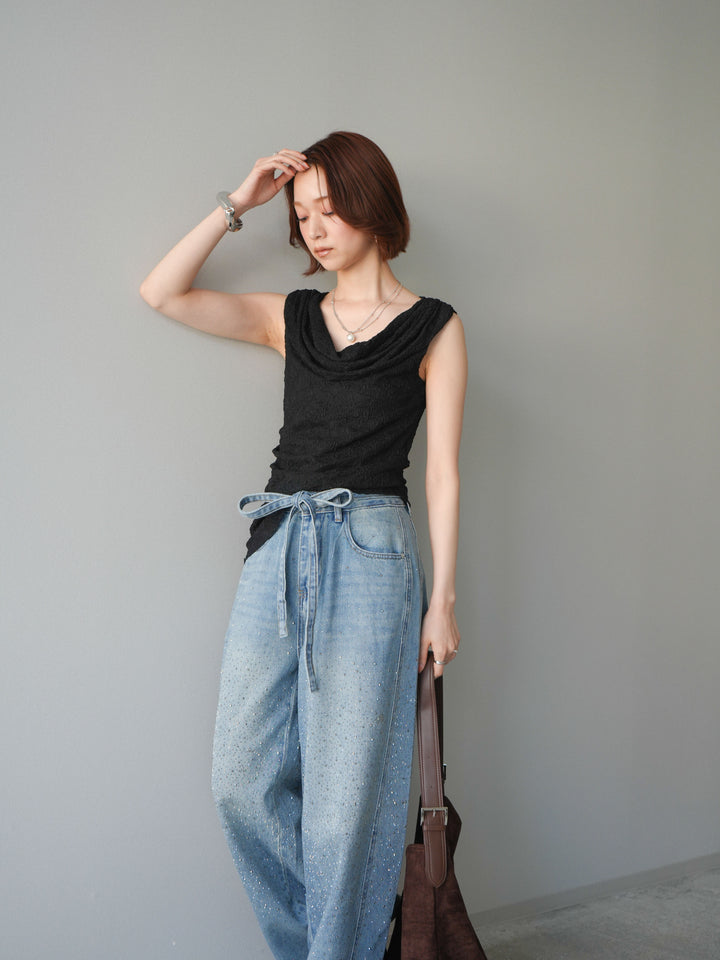 [予約]レースドレープネックアシメトップス/black