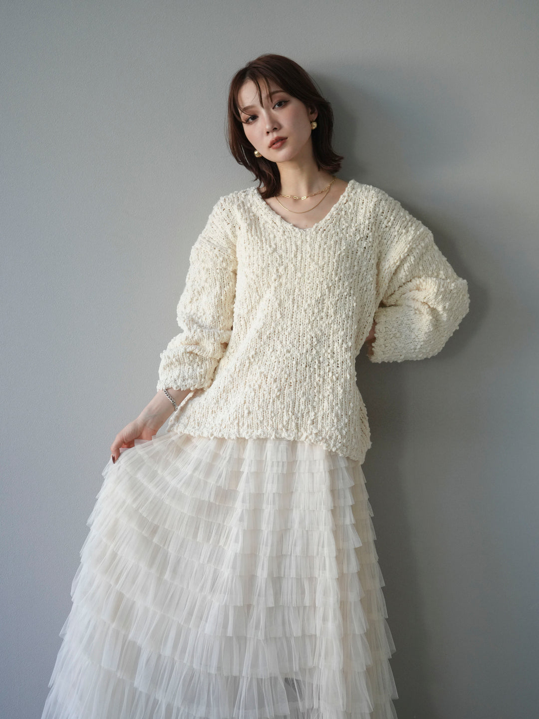 [予約]メランジポコポコニットプルオーバー/ivory