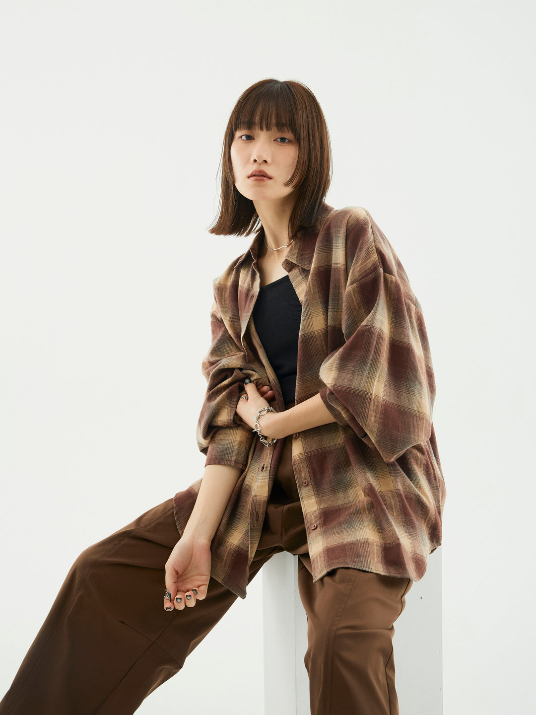 【Allure】[SET]オンブレチェックオーバーシャツ+タフタワイドカーブパンツ(2set)