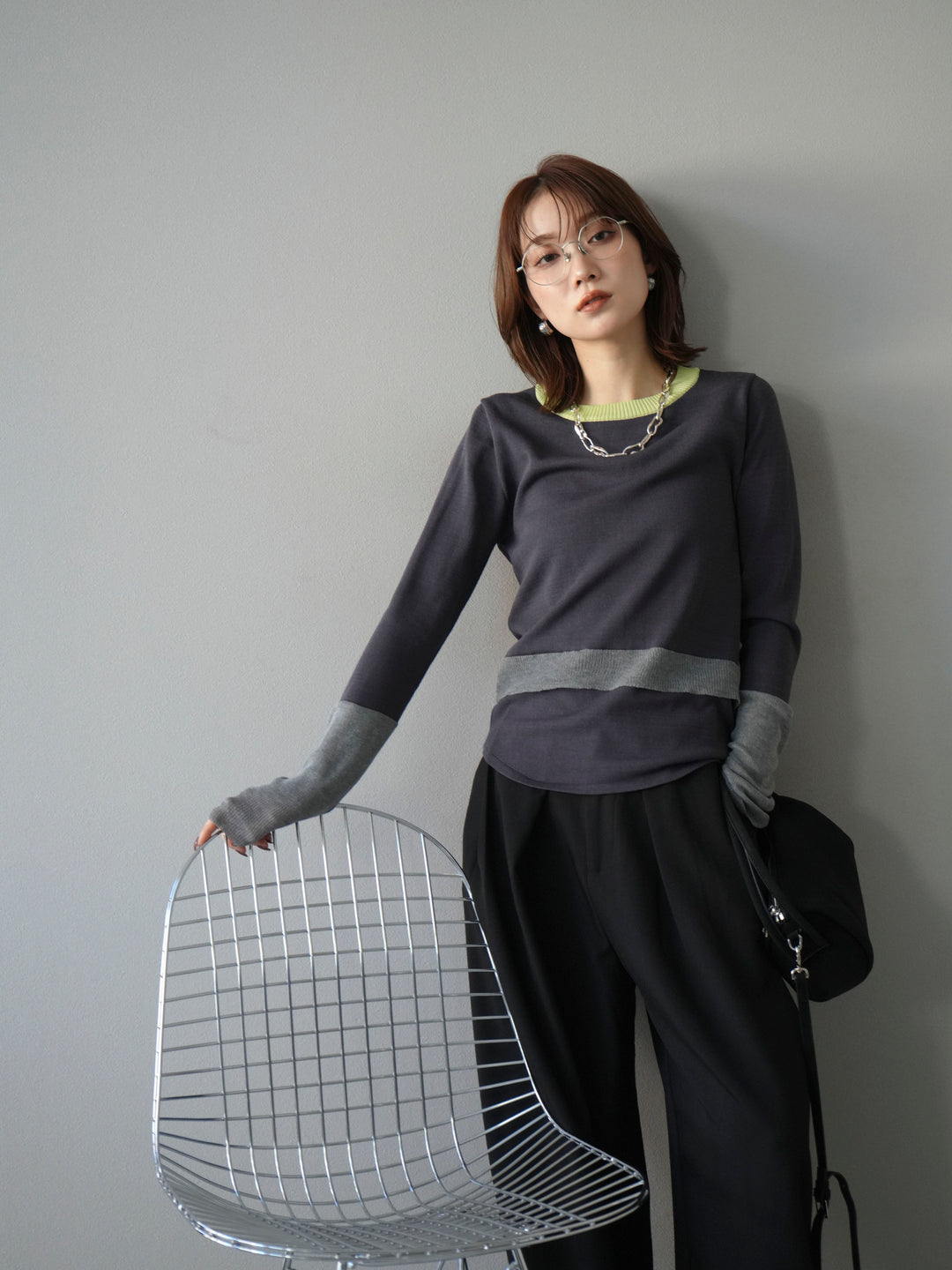 [予約]異素材配色デザインニットトップス/チャコール