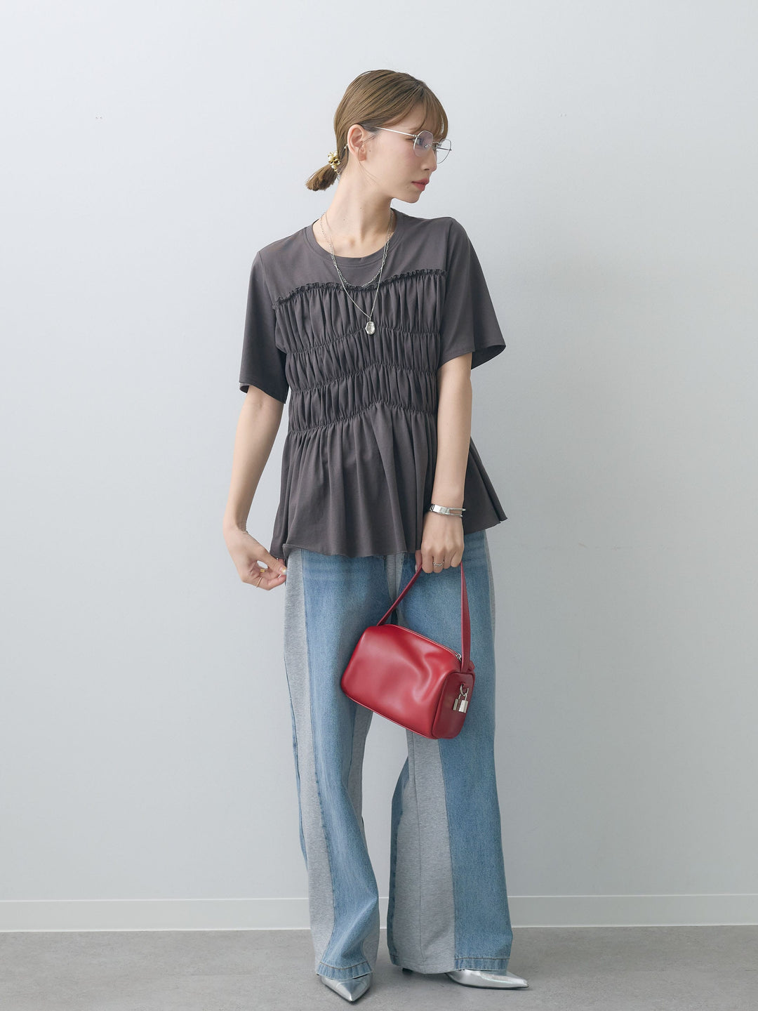 [SET]クールタッチシャーリングTEE+デニム切替スウェットパンツ(2set)