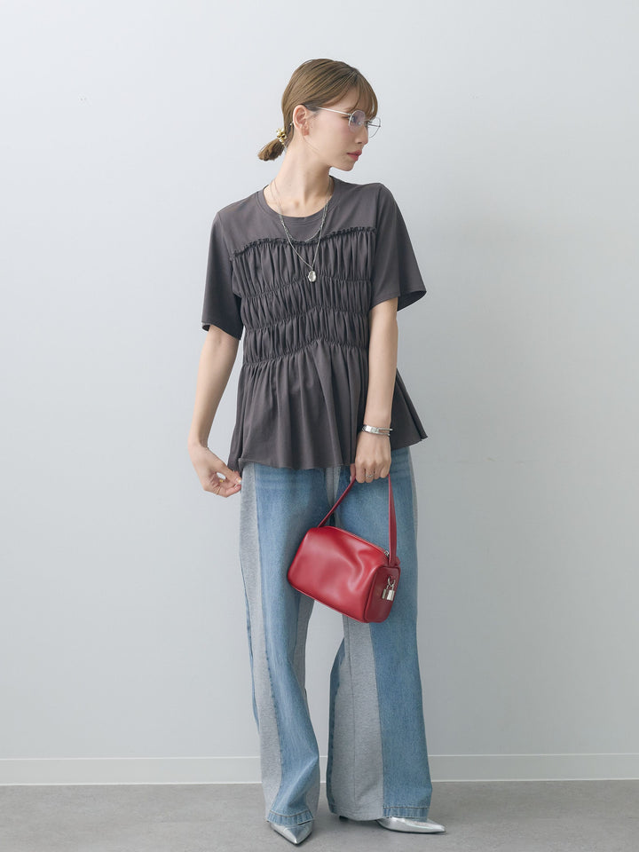 [SET]クールタッチシャーリングTEE+デニム切替スウェットパンツ(2set)