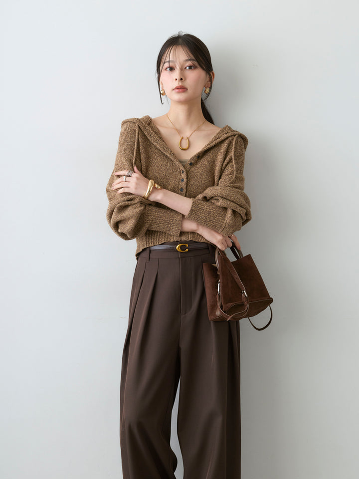 [予約]メランジボリュームスリーブフードニットカーディガン/brown