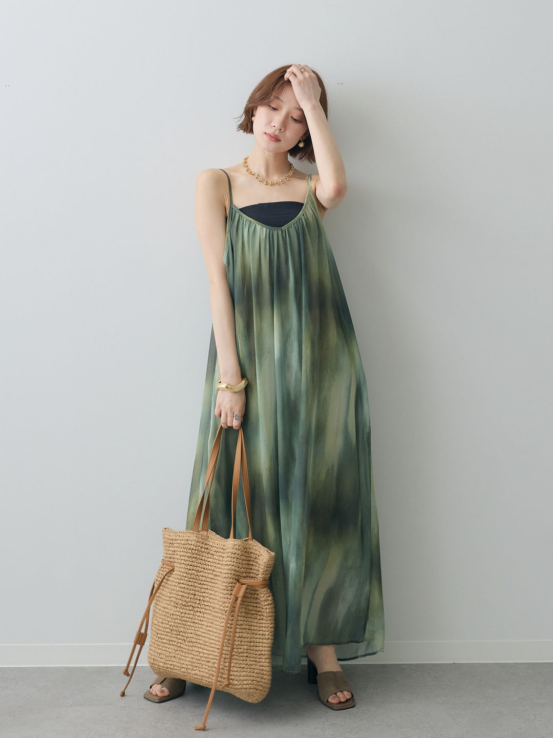 [予約]アートグラデーションフレアキャミワンピース/green