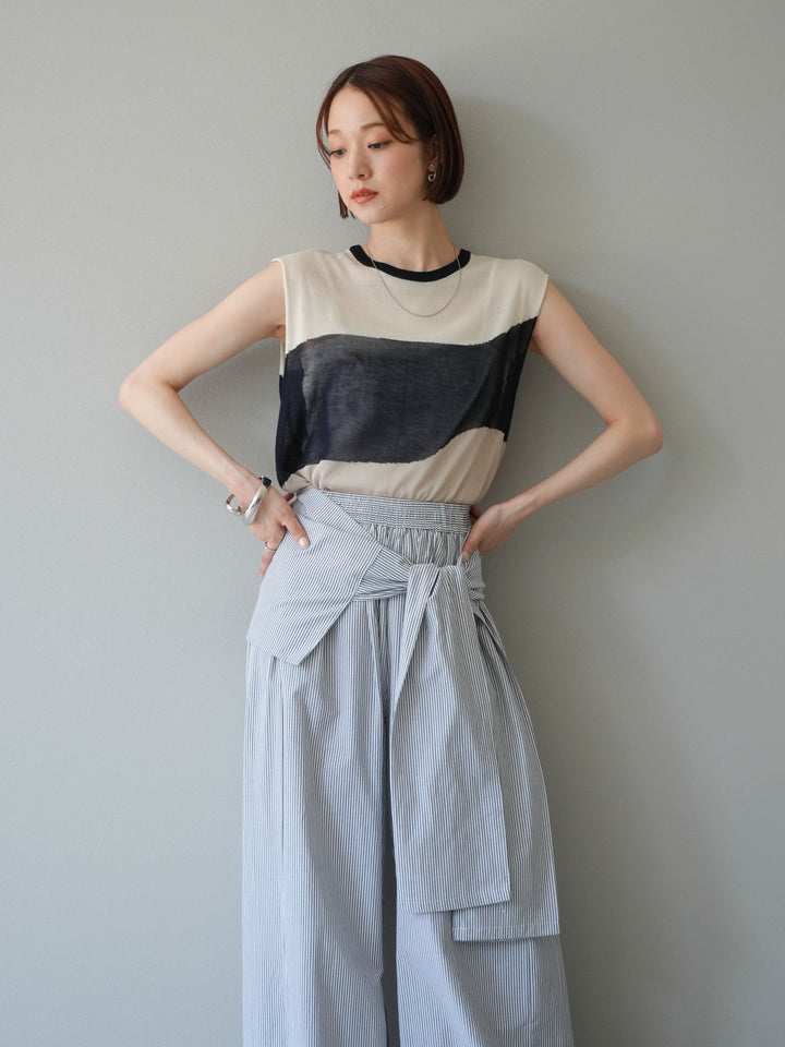 [SET] 雙色透視針織無袖上衣 + 條紋束腰休閒褲 (2set)