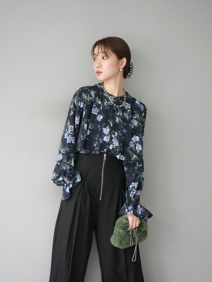 [予約]フラワーフリルブラウス/ネイビー