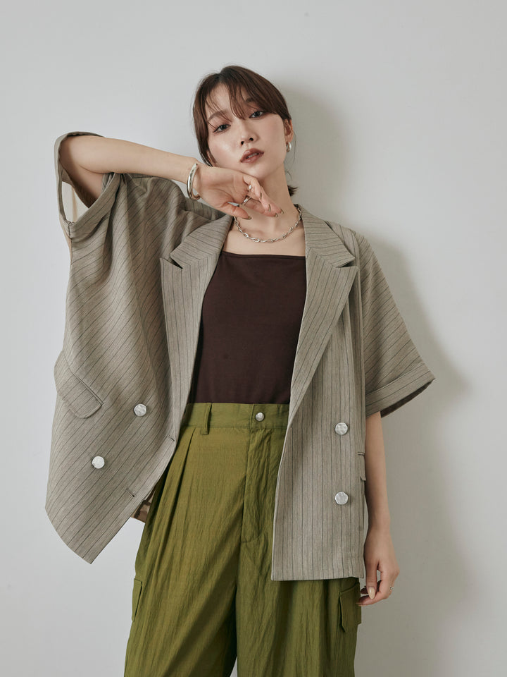 [予約]バックオーガンジーヘリンボーンストライプハーフジャケット/グレージュ