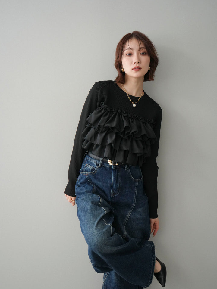 [SET]フリルビスチェドッキングスポンジニットプルオーバー+フリルビスチェドッキングスポンジニットプルオーバー(2set)