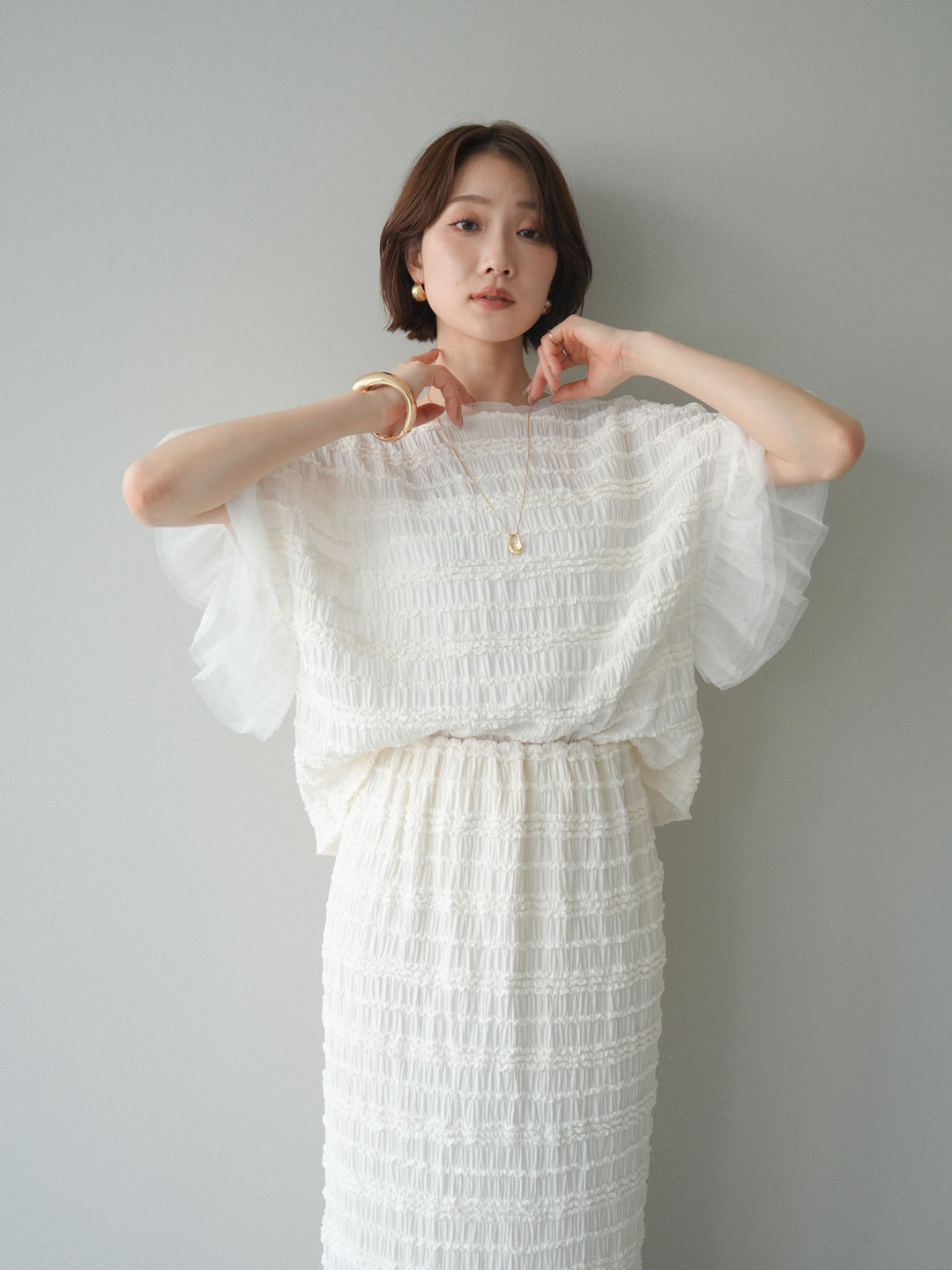 [SET]チュール袖リップルトップス+リップルIラインスカート(2set)