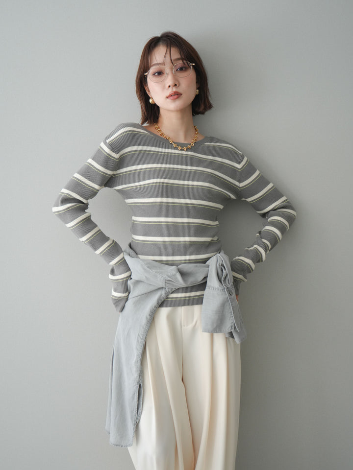 [予約]バックオープンテレコリブマルチボーダートップス/gray