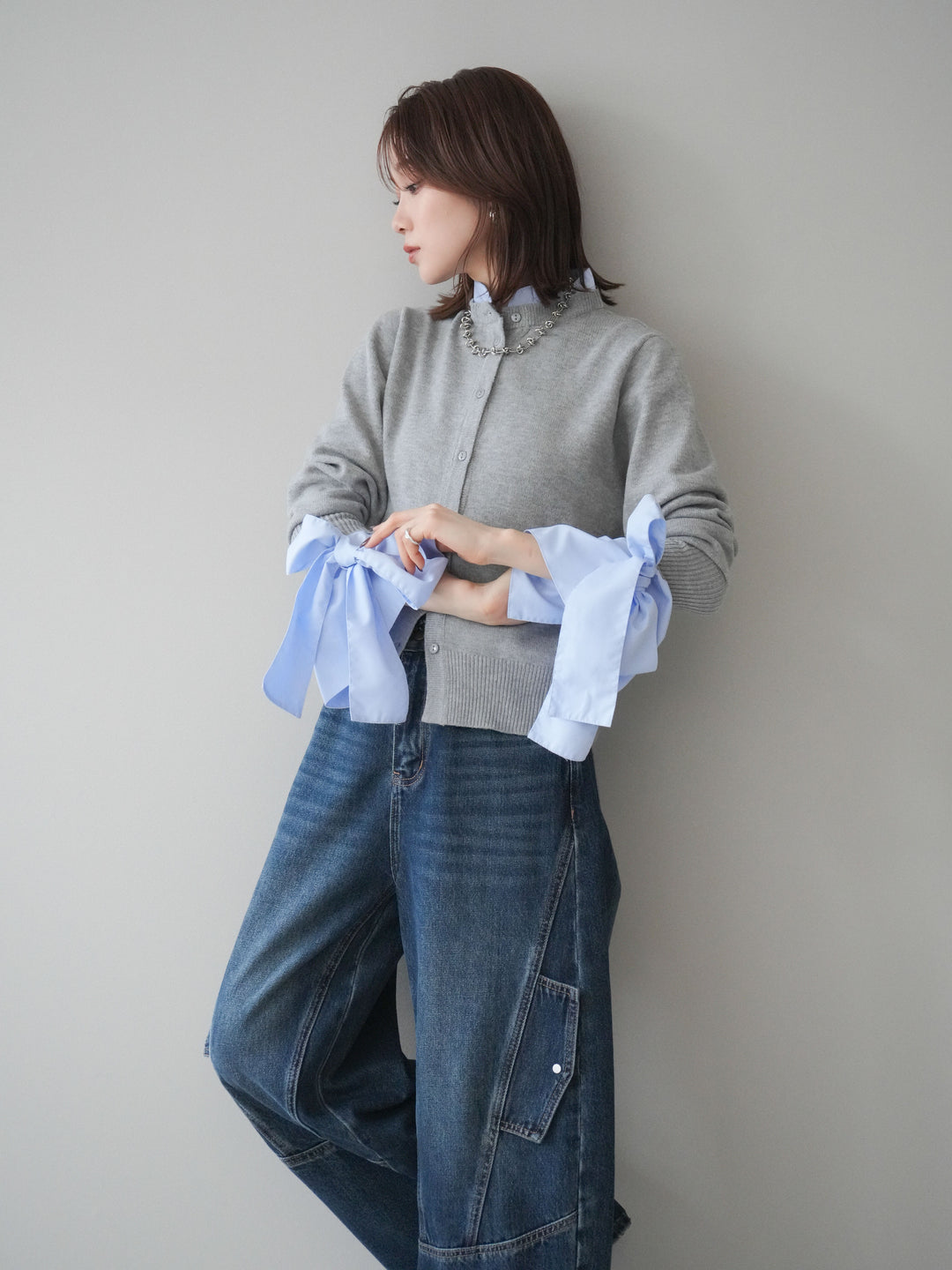 [予約]ウールライクリボンシャツカーディガン/gray