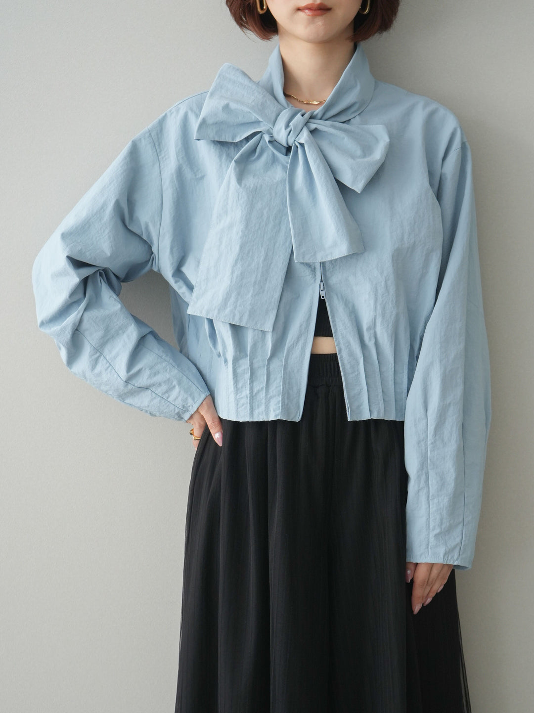 [SET]ボウタイ裾プリーツライトジャケット+ストライプチュールボリュームバギーパンツ(2set)